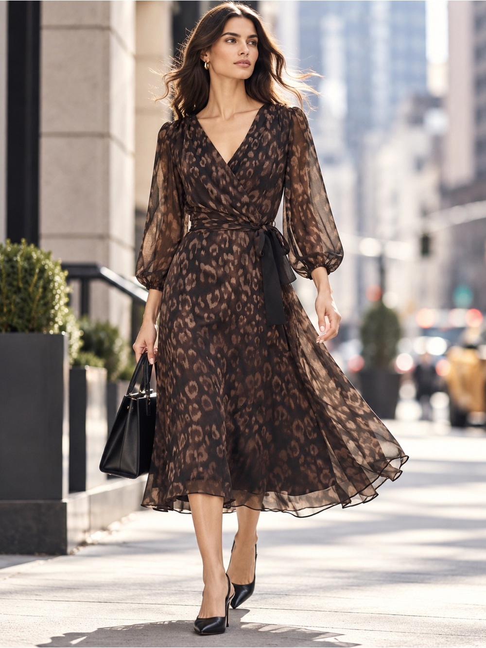 DKNY Leopard Print Chiffon Midi Dress Wrap Style Sheer Sleeves NWT 4